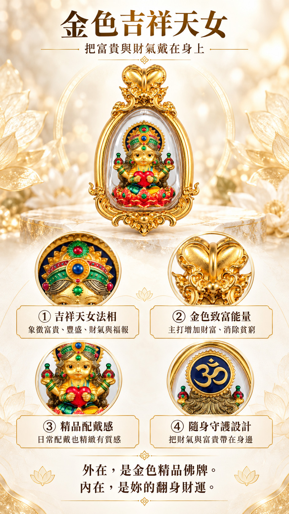 泰幸福-【乘願白富美】吉祥天女・脫貧致富佛牌-金(預購) 產品說明