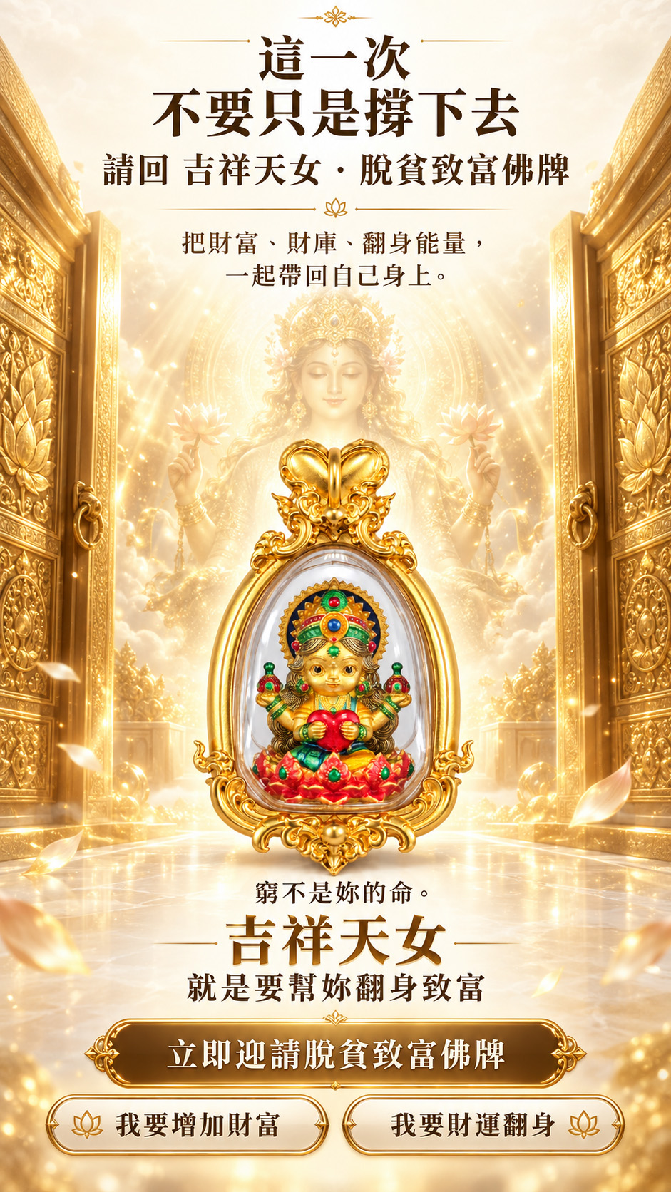 泰幸福-【乘願白富美】吉祥天女・脫貧致富佛牌-金(預購) 產品說明
