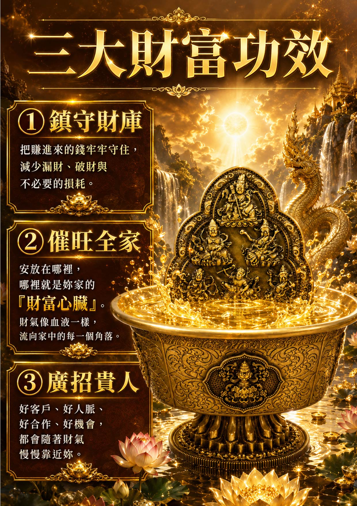 開運NOW-【開運珍藏】五路財神・黃金水供聚寶盆 - 預購 產品說明