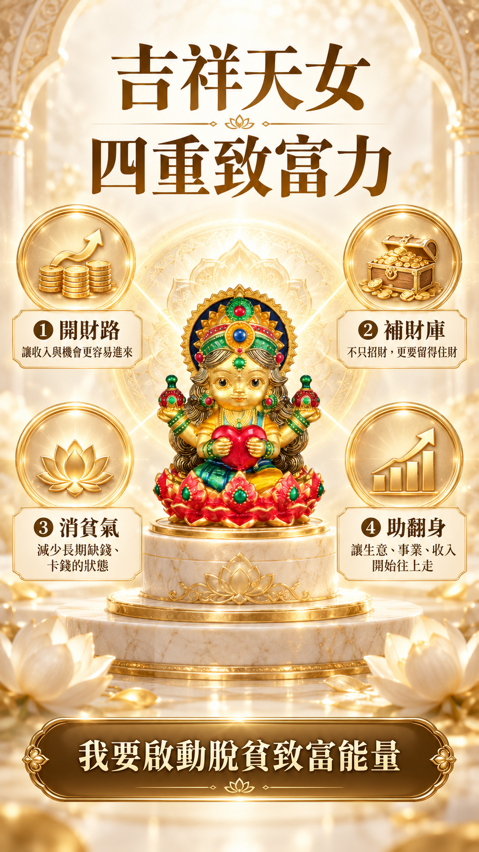 泰幸福-【乘願白富美】吉祥天女・脫貧致富佛牌-金(預購) 產品說明
