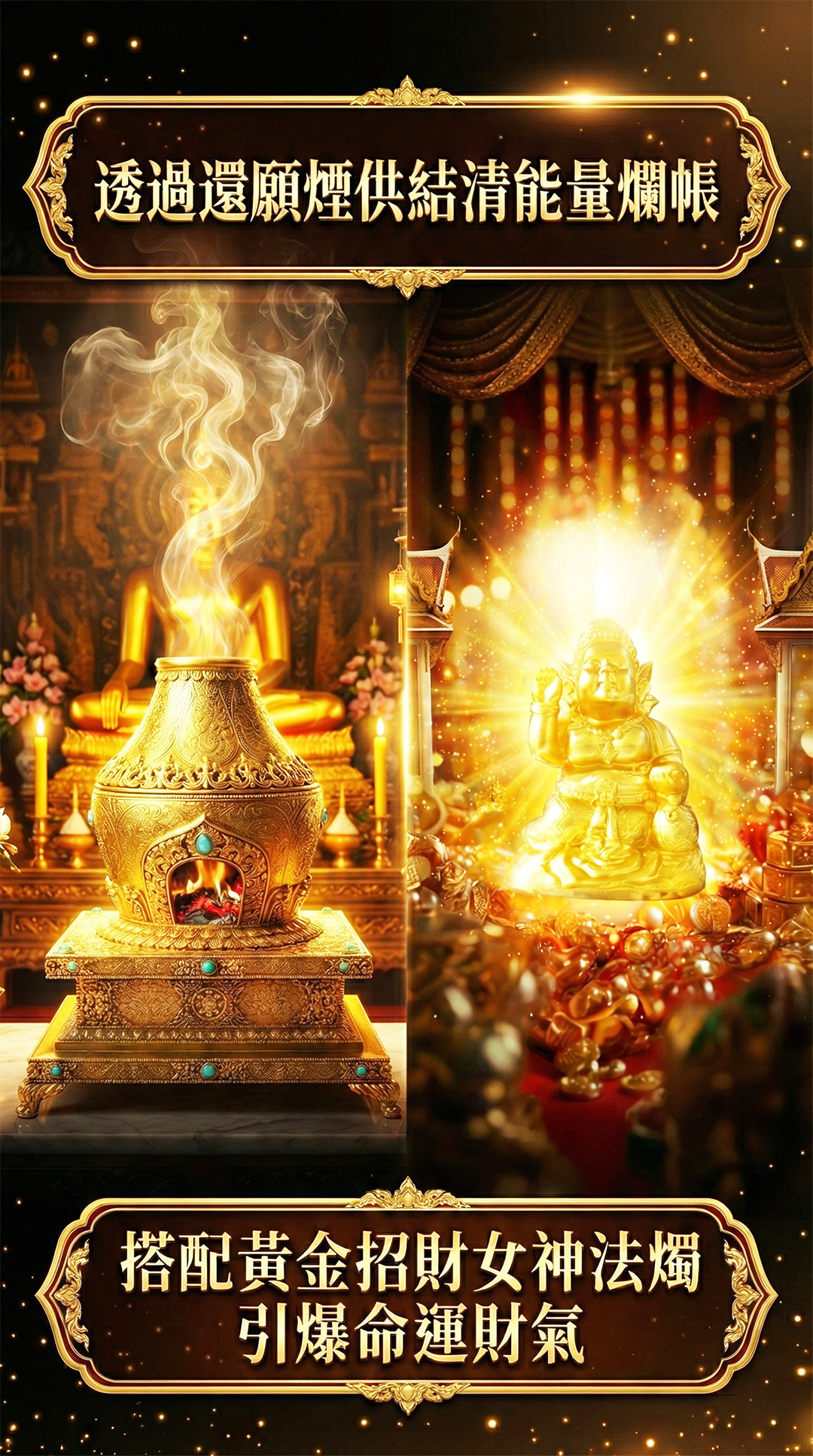大辣天后宮-【天赦日・馬上有金・富貴年年】還願煙供轉運術+黃金招財女神法燭 產品說明