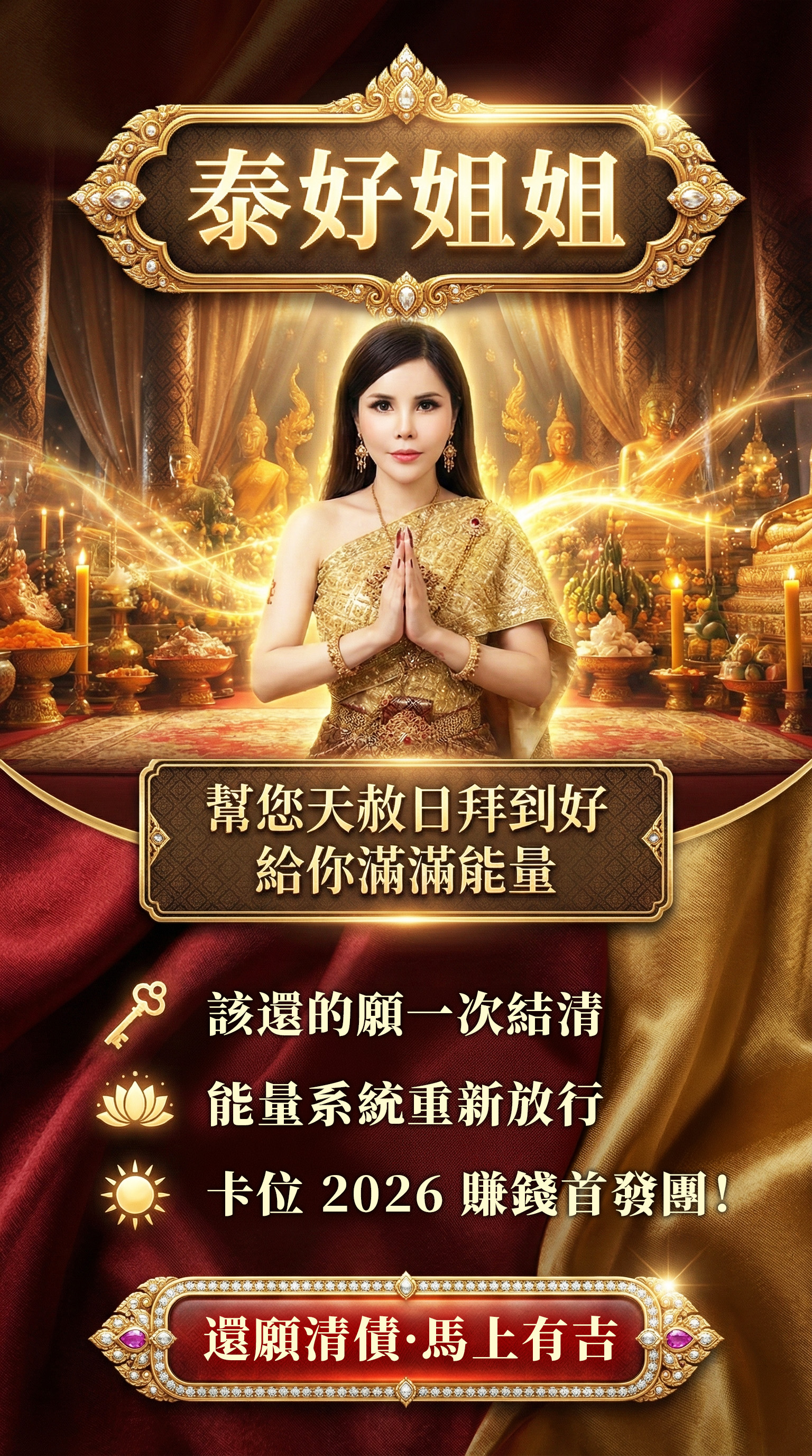 大辣天后宮-【天赦日・馬上有金・富貴年年】還願煙供轉運術+黃金招財女神法燭 產品說明