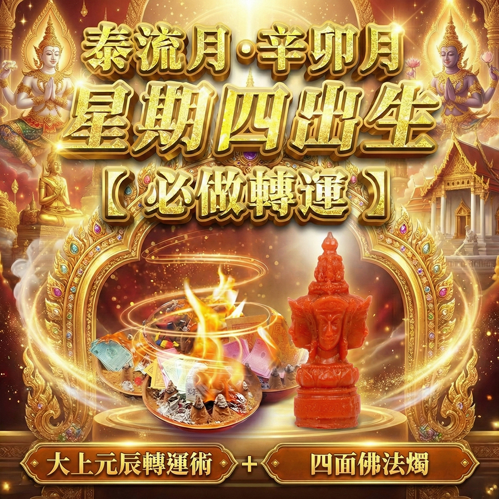 大辣天后宮-【星期四】泰流月・大上元辰轉運術+ 四面佛法燭 產品說明