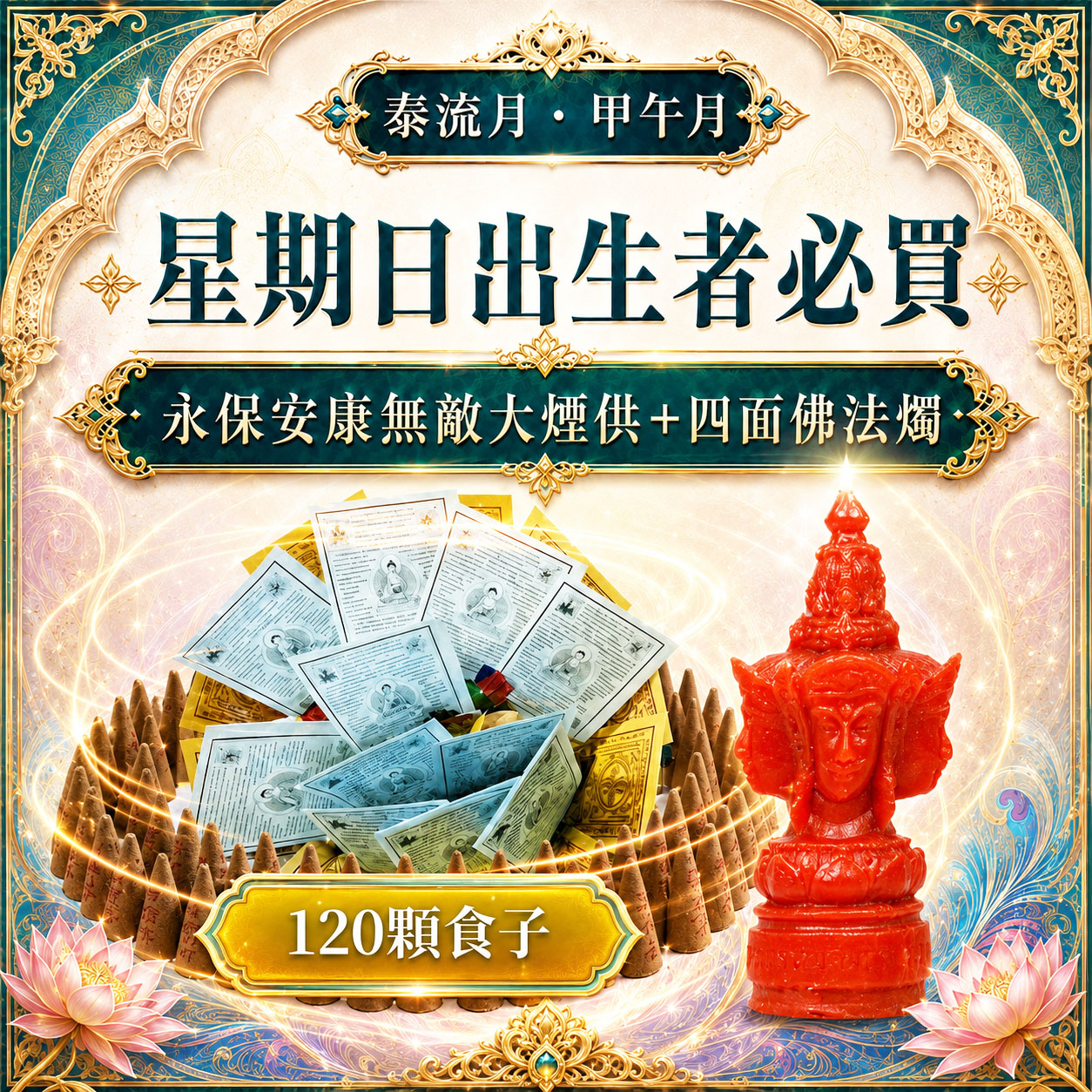 泰幸福-【星期日】甲午月・泰流月・永保安康無敵大煙供120食子+四面佛法燭 產品說明