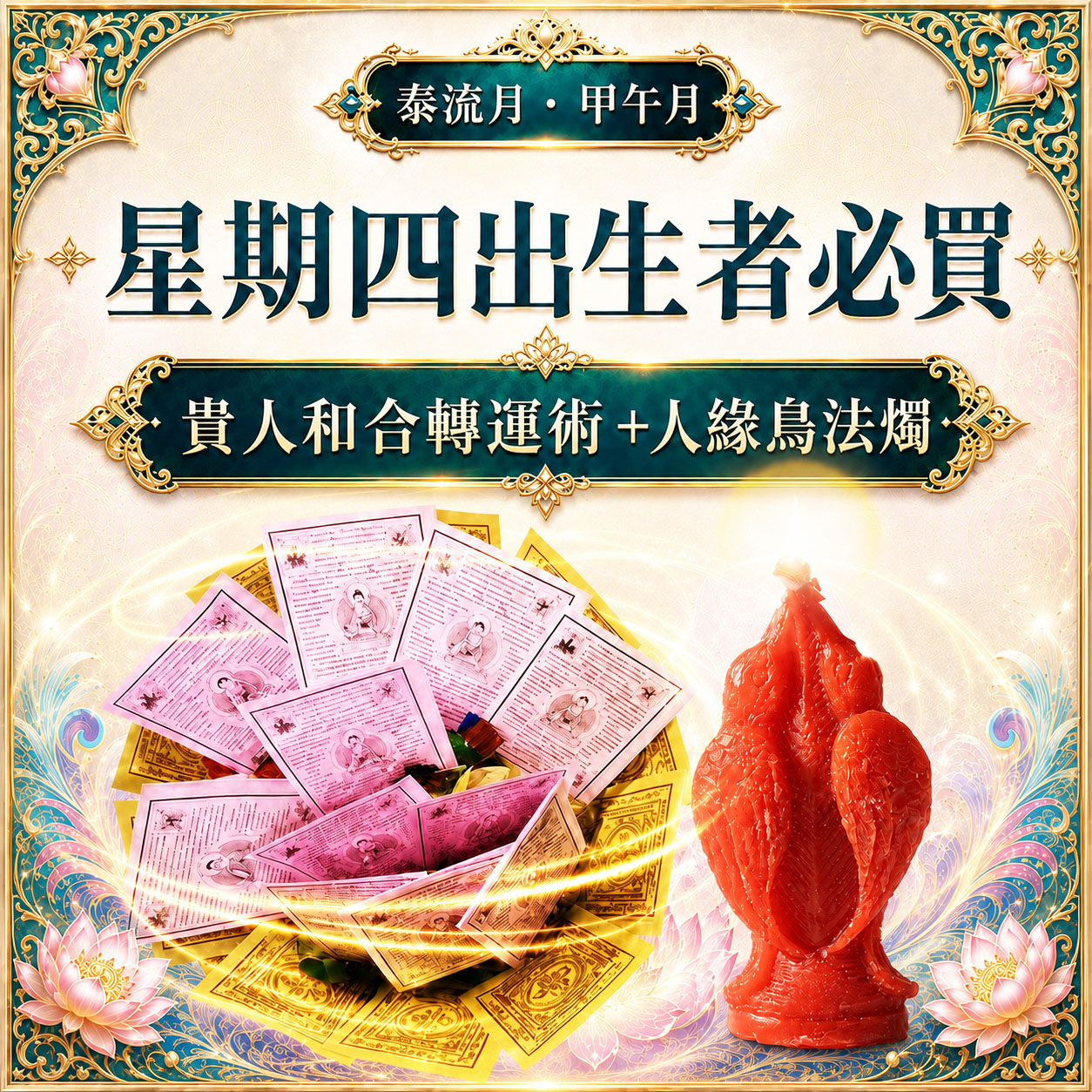 開運NOW-【星期四】甲午月・泰流月・貴人和合轉運術+人緣鳥法燭 產品說明
