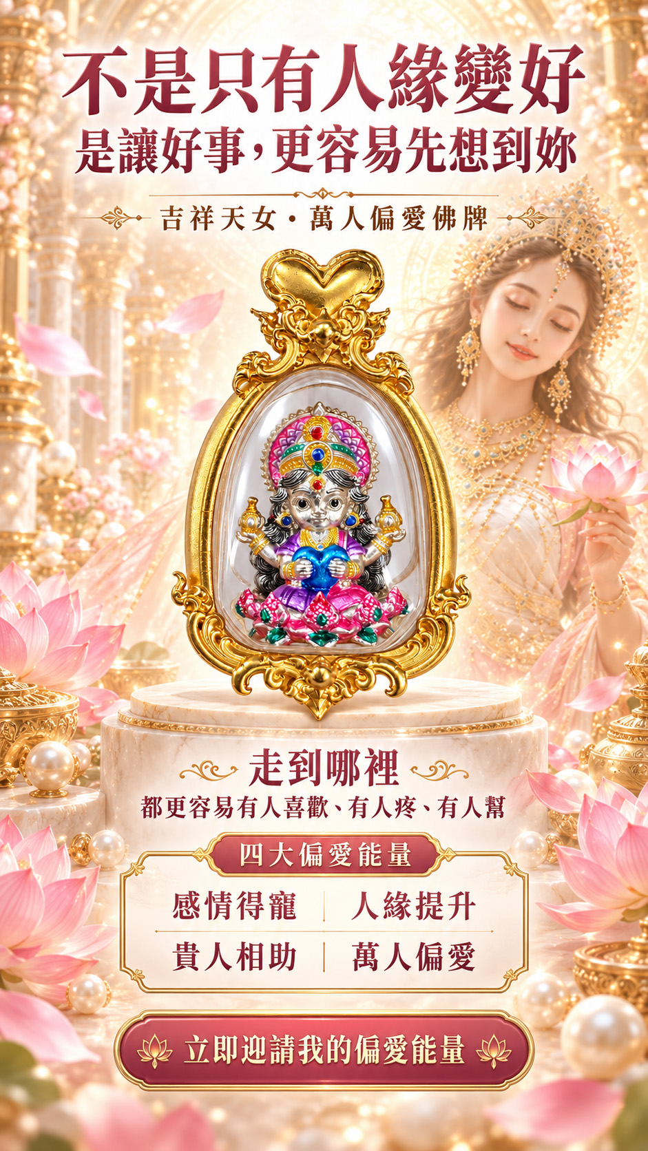 泰幸福-【乘願白富美】吉祥天女・萬人偏愛佛牌-粉(預購) 產品說明