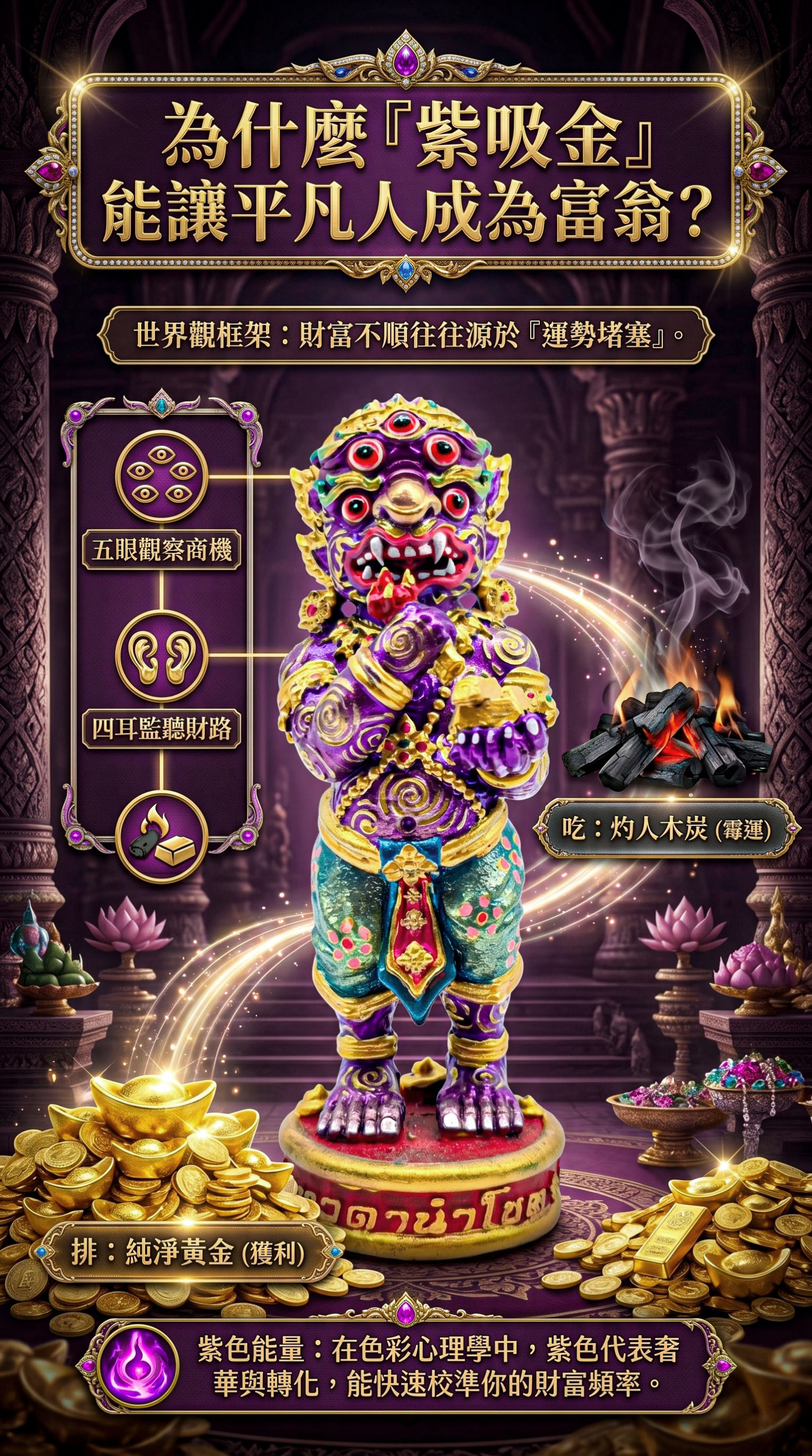 泰幸福-【五眼四耳供奉尊】五四富翁-紫吸金供奉尊＿送佛均山代供一年 產品說明