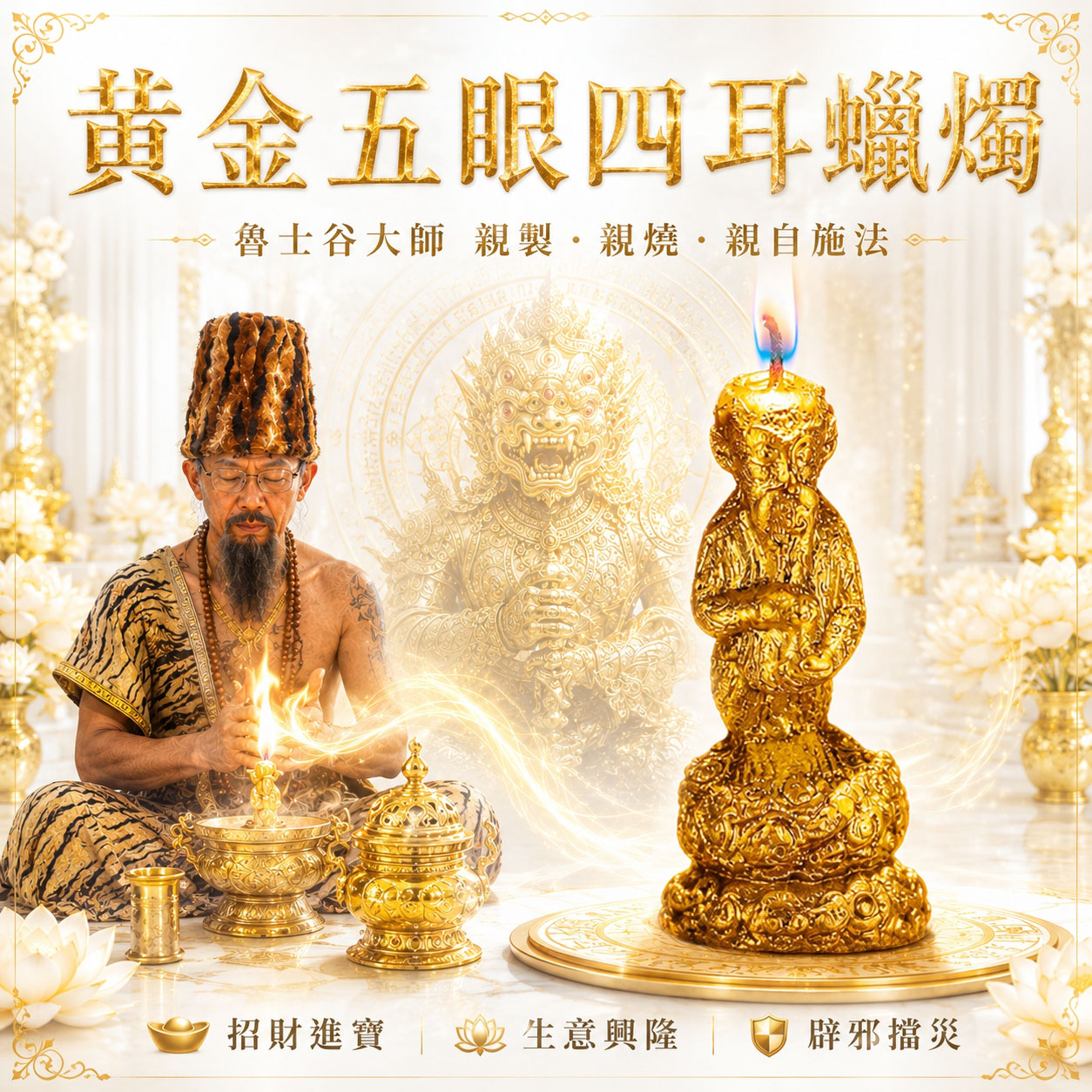 開運NOW-【魯士谷大師】黃金五眼四耳蠟燭