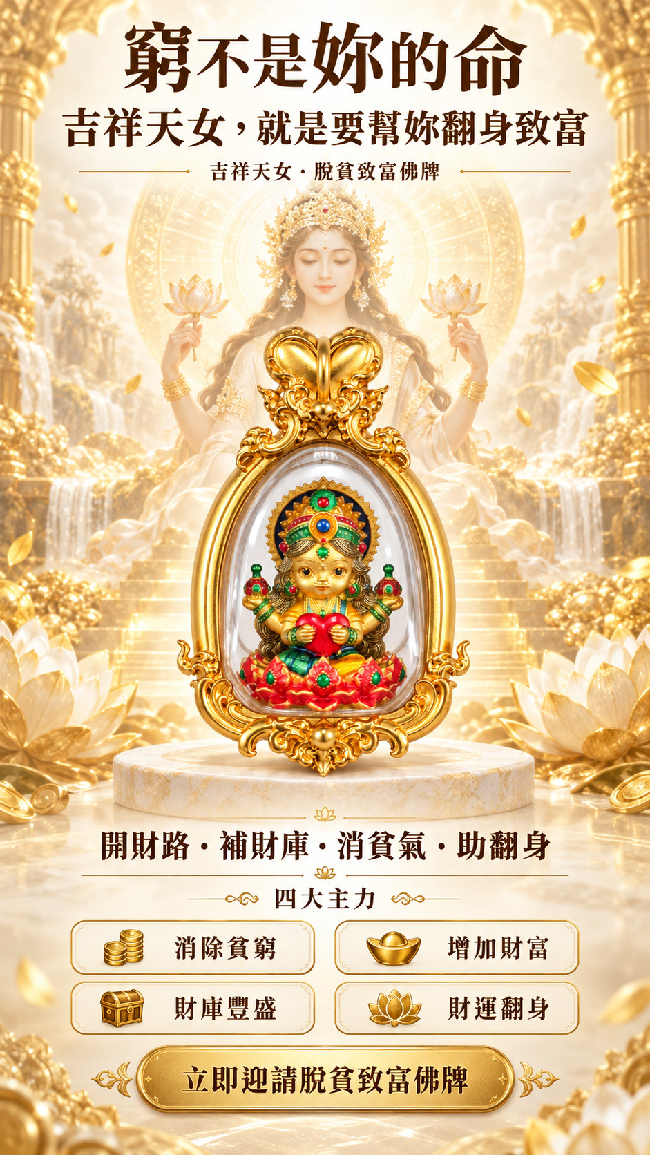 泰幸福-【乘願白富美】吉祥天女・脫貧致富佛牌-金(預購) 產品說明