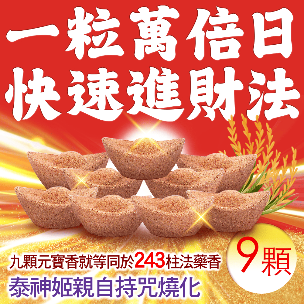 大辣天后宮-【一粒萬倍日.快速進財法】元寶香9顆-代燒