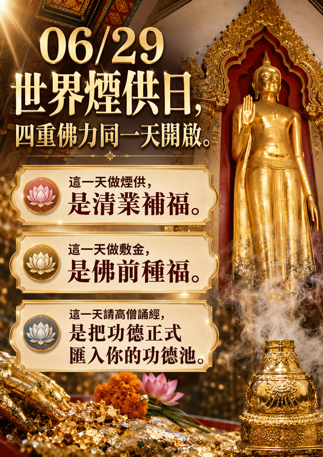 開運NOW-【世界煙供日】佛前敷金・好運成金 產品說明