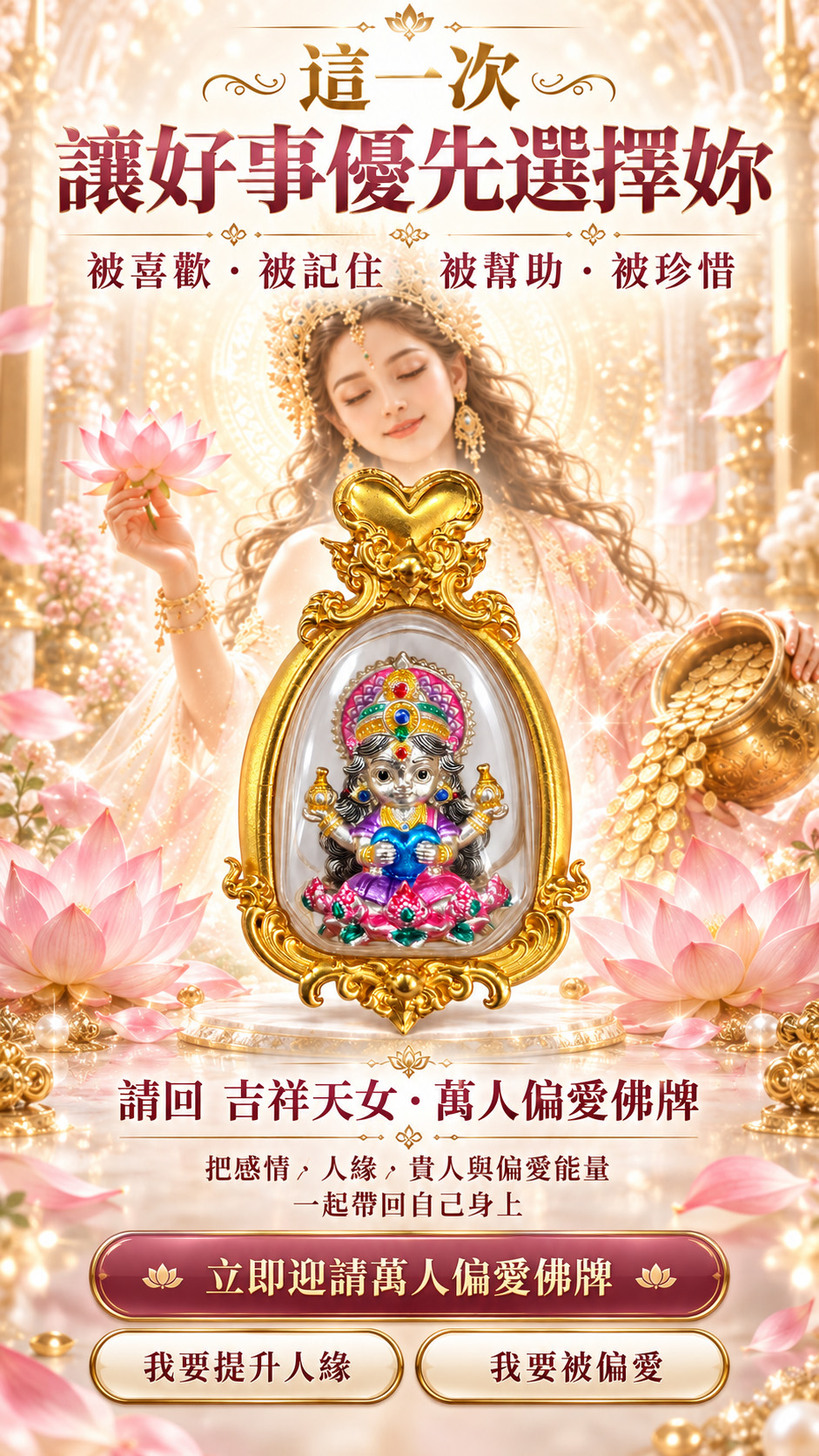 泰幸福-【乘願白富美】吉祥天女・萬人偏愛佛牌-粉(預購) 產品說明