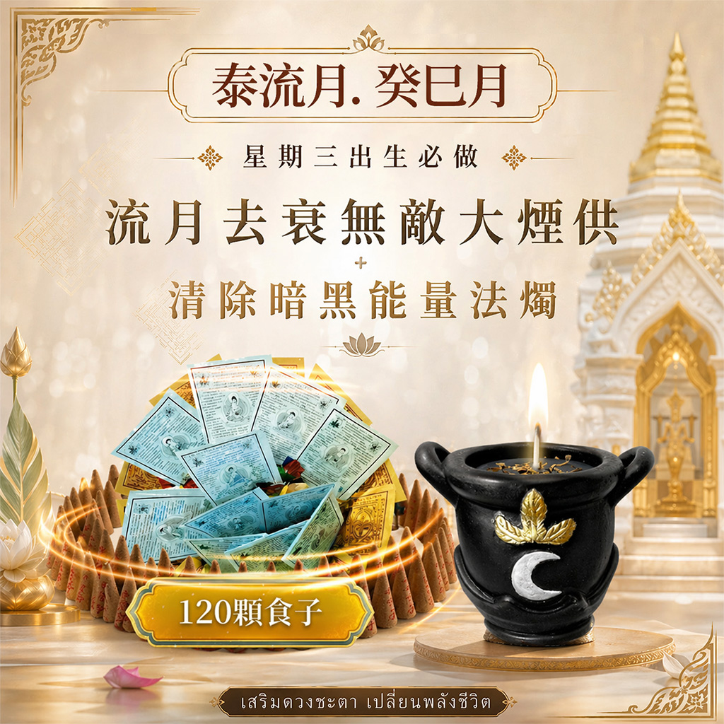 開運NOW-【星期三】泰流月・流月去衰無敵大煙供120顆食子＋清除暗黑能量蠟燭 產品說明