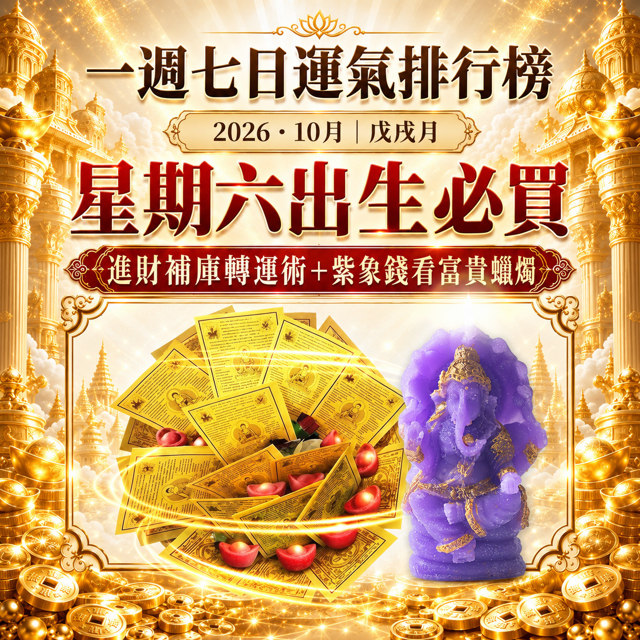 開運NOW-【星期六】戊戌月・泰流月-進財補庫轉運術+紫象錢看富貴象神蠟燭 產品說明