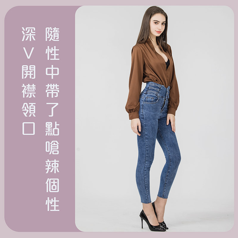 Sdare S'dare 簡約性感深V緞面開扣連身衣-深咖