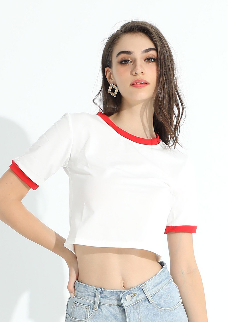 學院風撞色滾邊圓領修身短版T-shirt4色