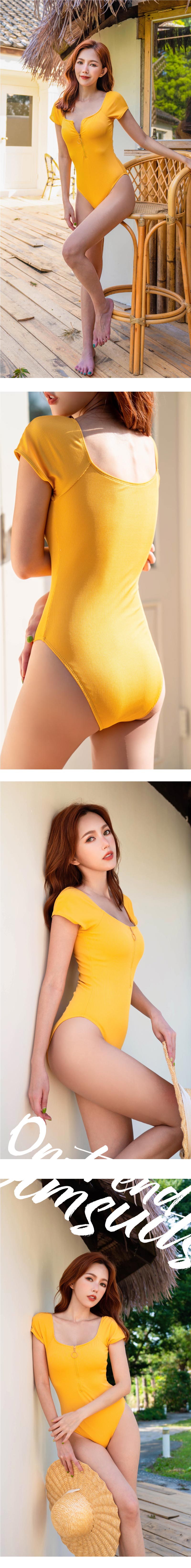 Sdare 復古美人拉鍊有袖爆瘦連身泳裝-黃色