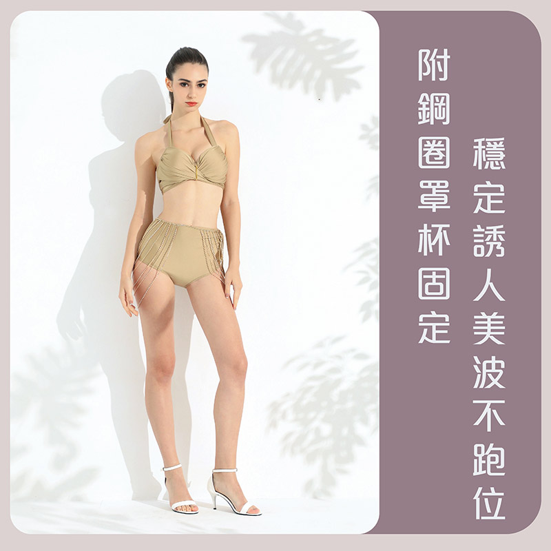 Sdare 金色古典高腰抓皺交叉綁帶比基尼-香檳金